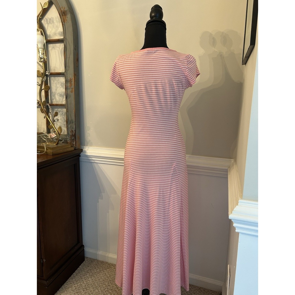 Lauren Ralph Lauren Maxi Dress PM Pink White Striped Cotton Scoop Neck Flare - Picture 2 of 7